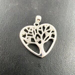 SU Sterling Silver Tree Of Life Heart Pendant 925 CZ 3/4 inch